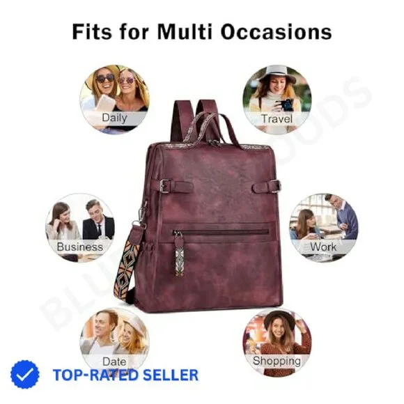 Vegan Leather Laptop Backpack Retro Designer Work Travel Daypack 11 Pockets